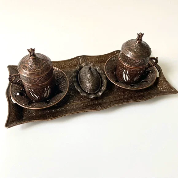 LAST CHANCE SALE! Turkish Copper Coffee Tea Set floral motifs Zamak & Porcelain - Picture 4 of 7